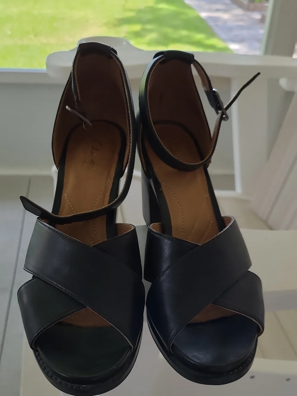 Clarks Black Crisscross Wedge Sandals with Ankle Strap